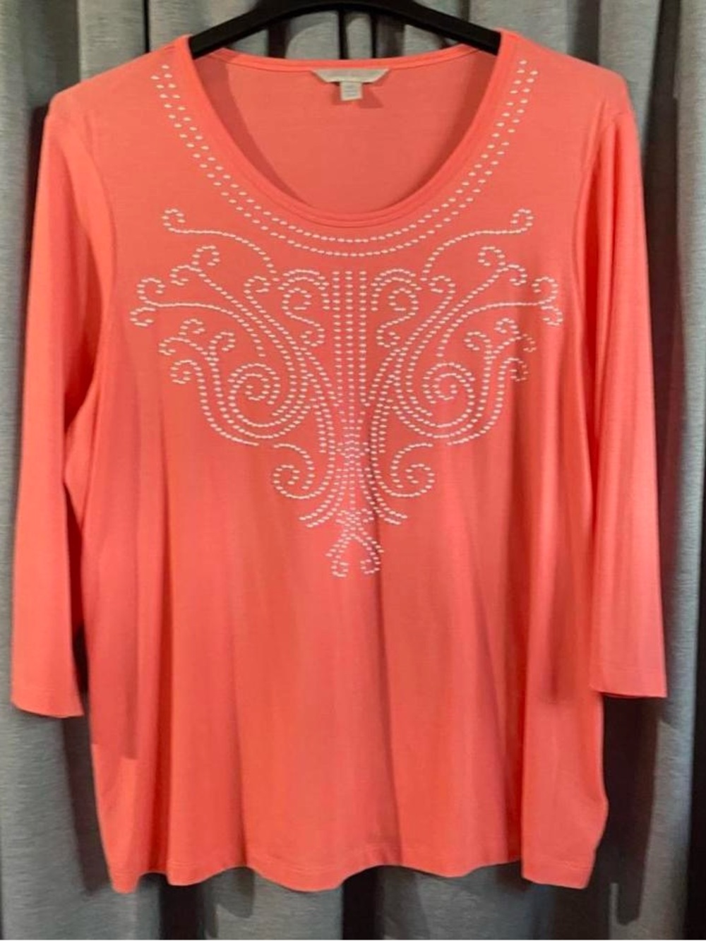 Laura Ashley Coral Long Sleeve Scoop Neck Top with Rhinestone Scroll Design